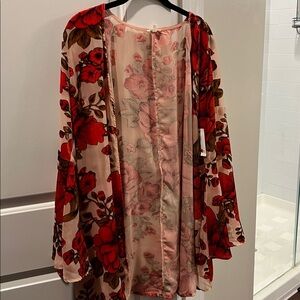 En Creme Floral Kimono Jacket - Red and Pink